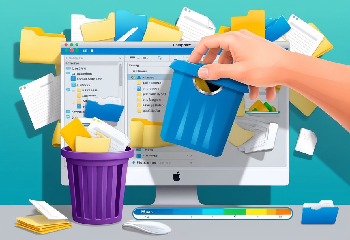 Un desktop del computer disordinato con file e cartelle che traboccano, una barra di archiviazione piena e una notifica a comparsa che indica spazio su disco insufficiente