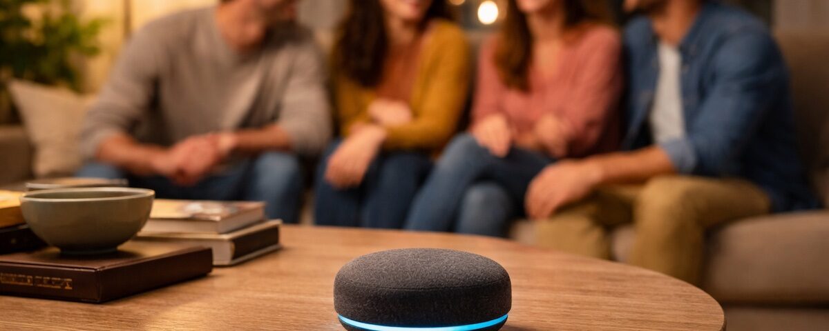 Giochi da fare con Alexa in salotto con smart speaker e persone in famiglia