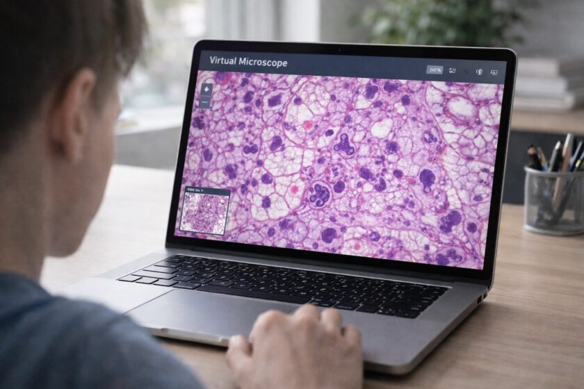 Microscopio virtuale utilizzato su laptop per osservare cellule