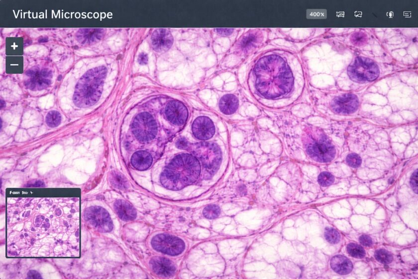 Microscopio virtuale con vetrino digitale e zoom su tessuto