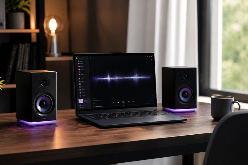 Aumentare bassi PC setup audio con altoparlanti e computer