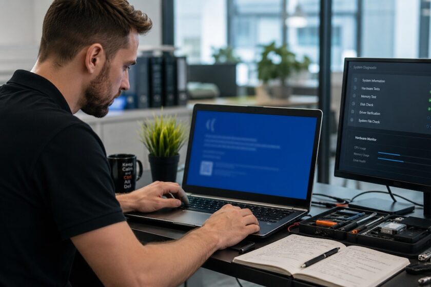 Tecnico informatico che controlla un PC per risolvere Windows Stop Code