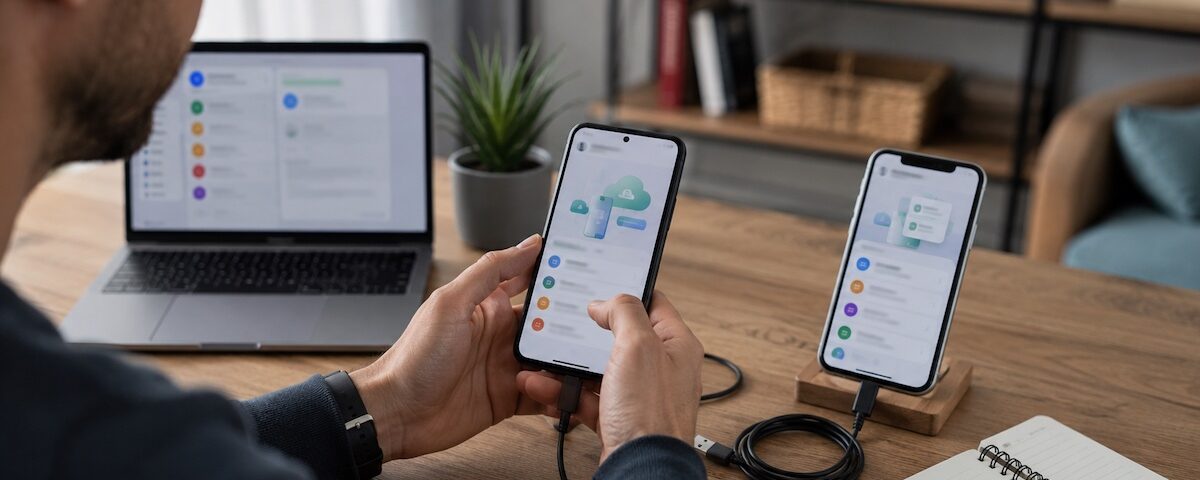Persona che configura un nuovo smartphone per trasferire WhatsApp