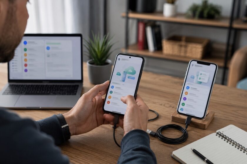 Persona che configura un nuovo smartphone per trasferire WhatsApp