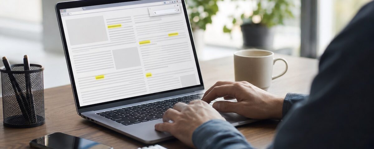 Persona che cerca una parola in un sito usando un laptop