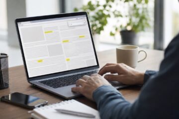 Persona che cerca una parola in un sito usando un laptop