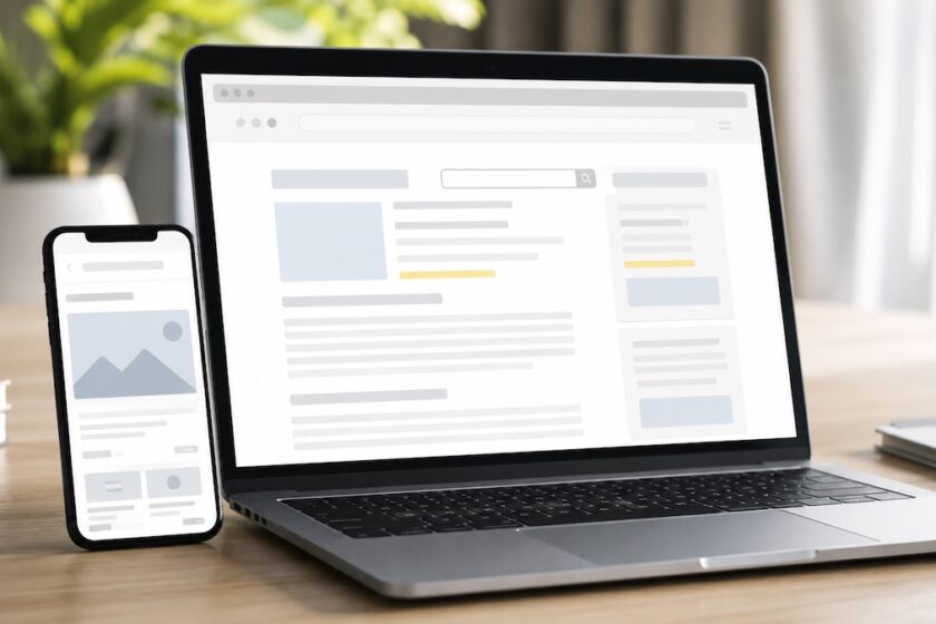 Smartphone e laptop con browser aperti per cercare parole in un sito