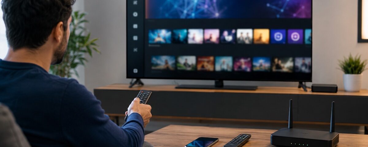 Smart TV con interfaccia streaming generica e TV Box Android per app IPTV