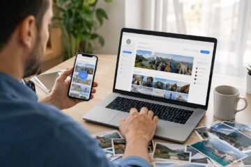 Persona che carica una foto su Google usando laptop e smartphone