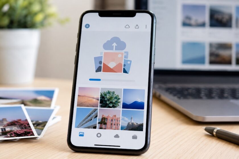 Smartphone con schermata generica per caricare una foto online