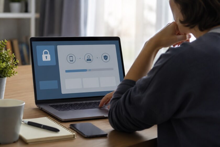 Persona che tenta di recuperare un account Facebook bloccato dal laptop