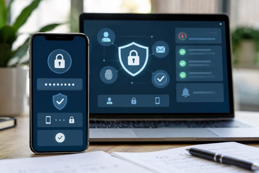 Smartphone e laptop con schermate generiche di verifica sicurezza per account social