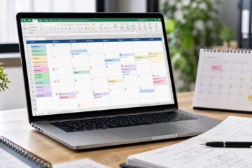 Laptop con calendario Excel generico per pianificare scadenze e attività