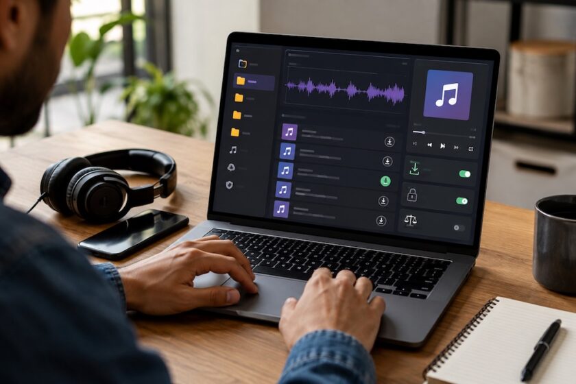 Persona che gestisce musica digitale e file audio su laptop con cuffie sulla scrivania
