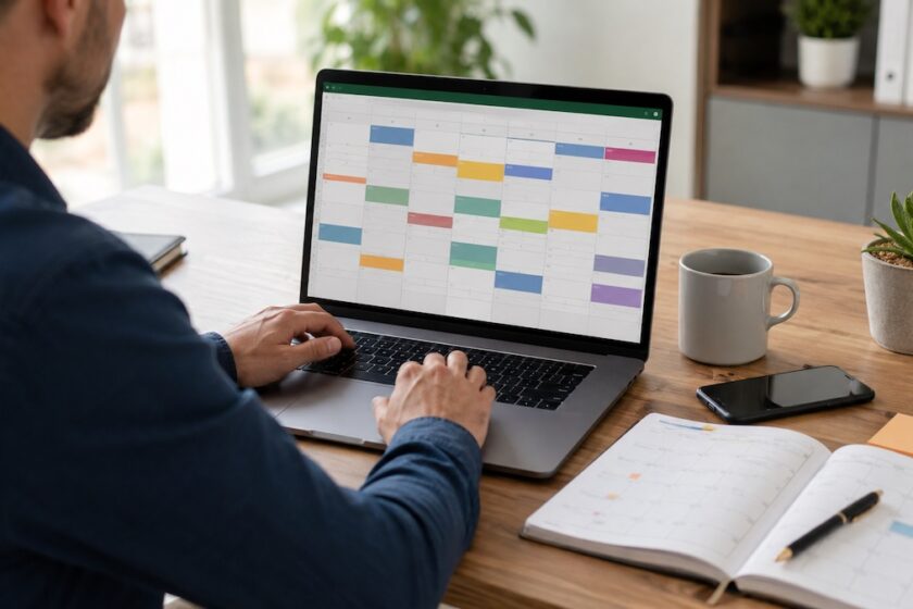 Persona che crea un calendario Excel su laptop per organizzare date e attività