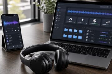Cuffie, smartphone e laptop con schermate generiche di musica digitale e file audio