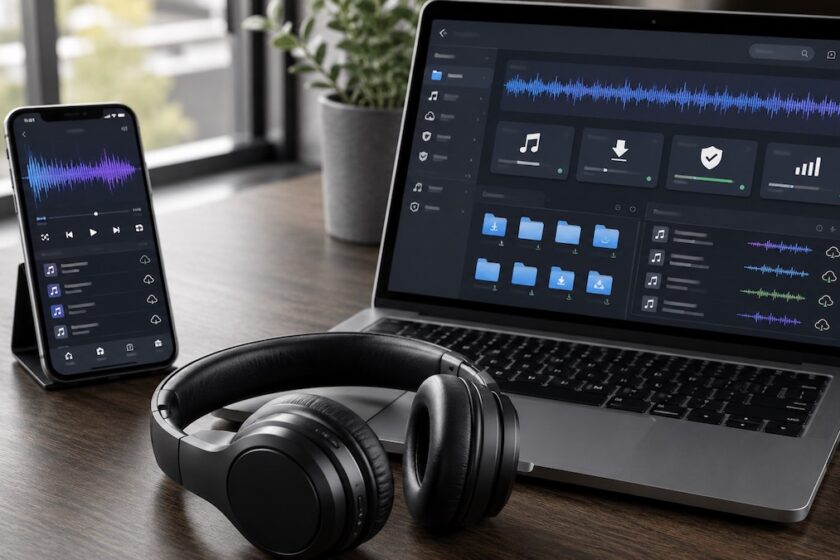 Cuffie, smartphone e laptop con schermate generiche di musica digitale e file audio